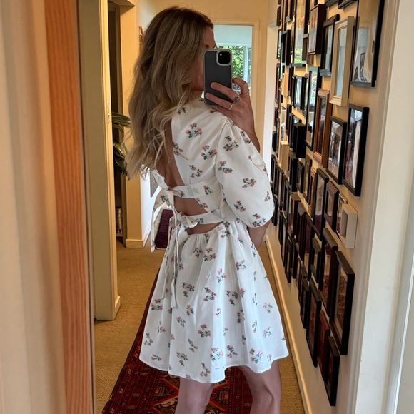 Sister Jane White Floral Embroidered Backless Baby Doll Mini Puff Sleeve Dress - Picture 5 of 17